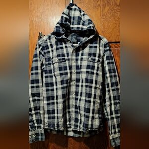 Faded Glory Navy and Cream Plaid Hooded Long sleeve Shirt Juvenile